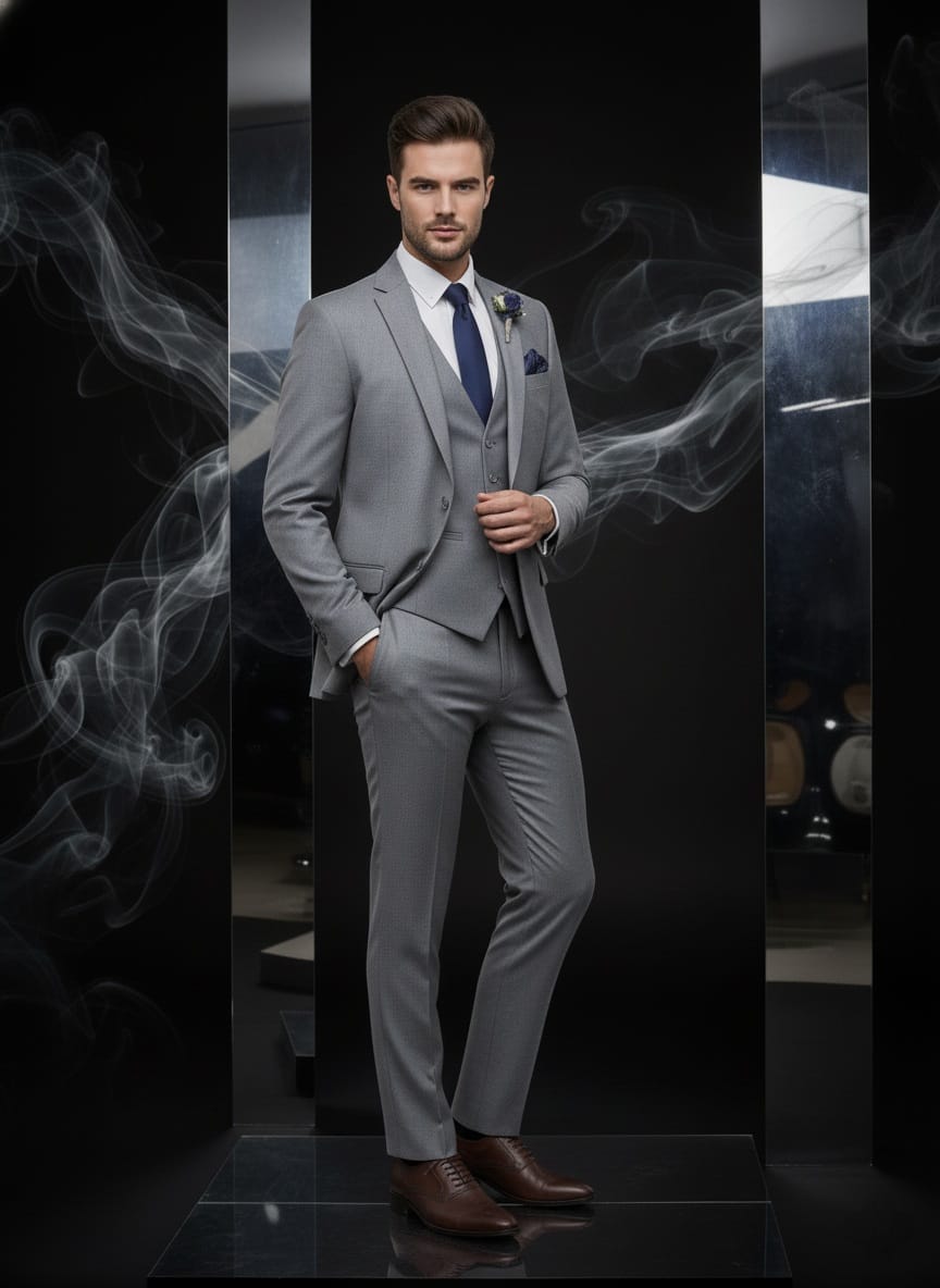 2 Button Notch Lapel Light Grey Slim Fit Suit FF2SV-4030